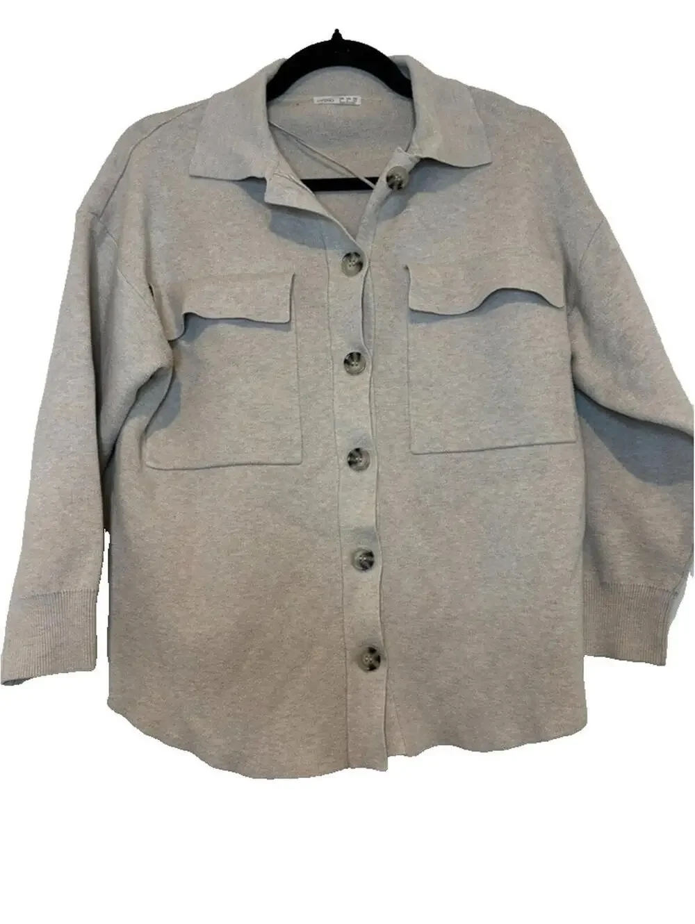 Oyso sz S button down‎ shirt/jacket collar pockets beige long sleeve #3079